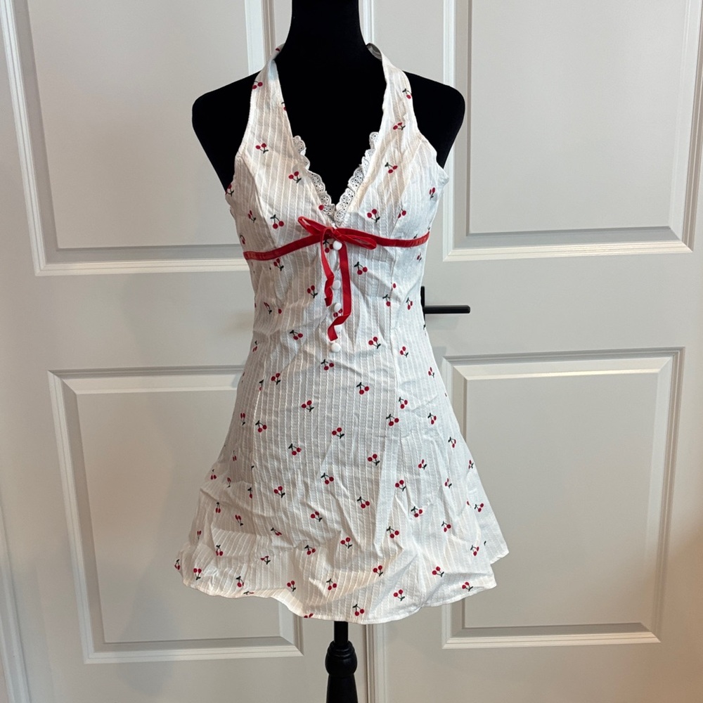 White Halter Mini Dress with Red Cherry Print
